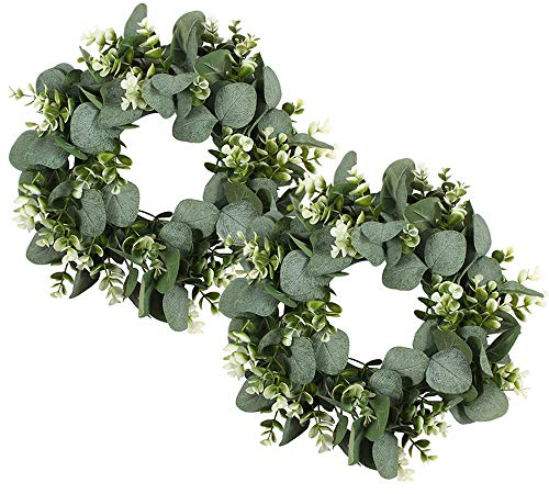 PUDSIRN 2PCS Künstlicher Eukalyptuskranz, 11 künstlicher grüner Blattkranz Bauernhausgrünkranz, runder Eukalyptuskranz Grüne Außengirlande für hängende Fensterdekoration an der Vordertür