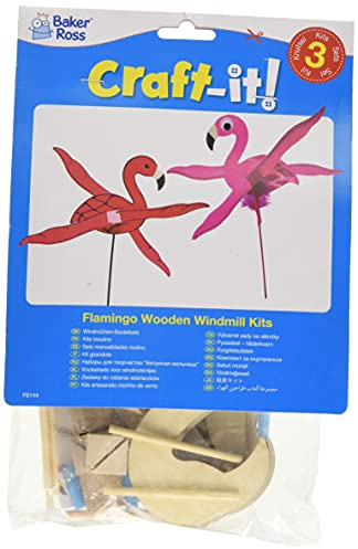 Baker Ross FE144 Flamingo-Windmühlen-Sets aus Holz, 3 Stück, für Kinder-Kunst- und Bastelprojekte, Holzhandwerk für Kinder zum Dekorieren, Personalisieren und Ausstellen