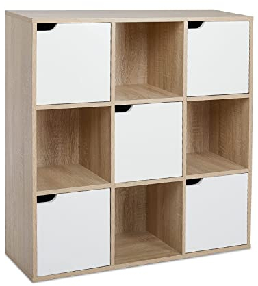 Meerveil Étagère de Rangement 9 Cubes Bibliothèque en Bois Armoire de Rangement, Inclus 4 Cubes Ouvertes et 5 Cubes avec Portes pour Salon Bureau Style Moderne, Chêne