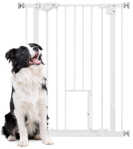 PawHut Barrera de Seguridad para Perros Barrera para Mascotas Extensible con Puerta Pequeño Cierre Automático y Sistema de Doble Bloqueo para Puerta Pasillo Escalera 74-80x91,4 cm Blanco