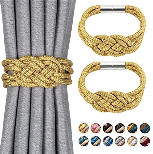 Pretty Jolly 2 Stück Starke Magnetische Raffhalter für Vorhänge, Dekorative Vorhang-Raffhalter, Handgewebtes Seil, Knoten-Vorhanghalter für Zuhause und Büro, Fenstervorhänge (Gold)
