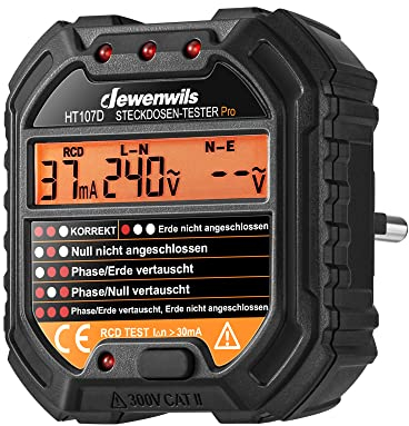 DEWENWILS Steckdosentester mit RCD-Prüfung und LCD-Voltage-Display, 6 Arten von Fehlerdiagnose, Leckspannungs- und Stromanzeige, FI Test, 48-250V/45-65Hz, CAT ll 300V