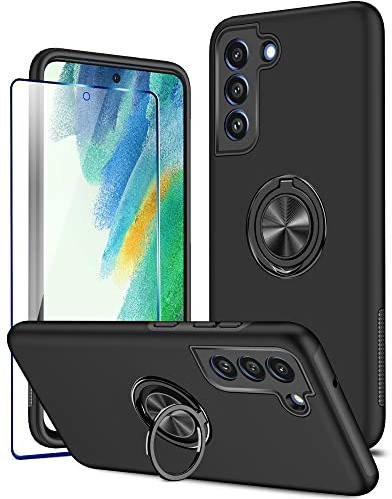 KRAFTCARE for Samsung S21 FE Case with Kickstand Ring and Screen Protector, Shockproof and Anti Scratch 360° Magnetic Ring Holder Stand Phone Cover for Samsung Galaxy S21 FE - Black