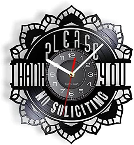 Music Vinyl Wall Clock 12Inch Friendly No Soliciting Sign Vinyl Record Wall Clock Office Room Front Door Laser Cut Typography Modern Script Lettering Clock