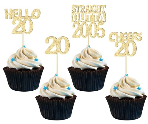 Gyufise 24Pcs 20th Cupcake Toppers Glitter Twenty Straight Outta 2005 Cupcake Picks Cheers to 20 Years Birthday Cake Decorations for Happy 20th Birthday Anniversary Party Supplies Gold