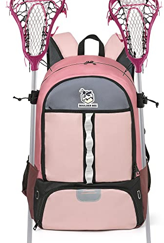 Boulder Bee Lacrosse Backpack with Stick Holders, Field Hockey Bag, Lacrosse Gift for Women (Purple and Brown)
