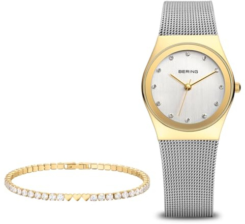 Bering Damen Quarz Uhr Set | Armbanduhr 27 mm goldenes Edelstahlgehäuse und weißes Zifferblatt | Milanaisearmband | Saphierglas | 3 ATM | 12927-001-GWP