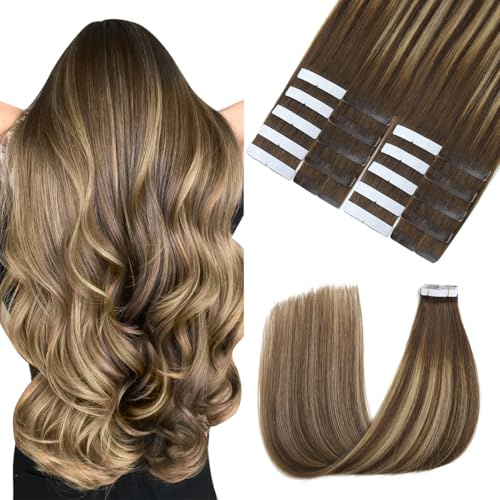 Sindra Tape in Extensions Echthaar Balayage Schokoladenbraun bis Karamellbraun 20pcs 50g 35cm Remy Echthaar Extensions Tape Extensions Seidig Gerade Invisible Tape Ins #4/27/4 14 Zoll