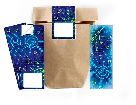 6 Lesezeichen + 6 Geschenktüten (natur) + 6 Aufkleber Laser Tag Lasertag Mitgebselset Gastgeschenke für Kindergeburtstag Jungsgeburtstag Mädchengeburtstag