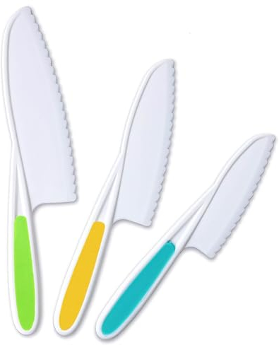 Jatidne Toddler Safety Knife Set - Mini Chef Kitchen Tool for Kids Chopping - Pack of 3 Plastic Cutlery