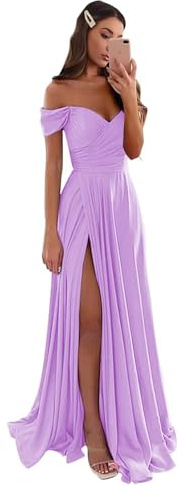 GODCUN Vestidos de dama de honor con hombros descubiertos para boda, vestidos largos de satén fruncidos formales de fiesta de noche con abertura, Lila, 2
