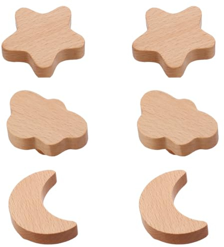 BOOLSFMAM Tier Holz Schrankknöpfe, 6 Stück Massivholz Schubladen Knöpfe Kinder, Sterne, Mond, Wolken Knauf für Schrank Möbelknöpfe Kinder