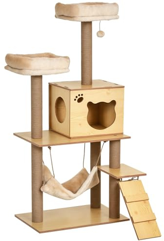PawHut Kratzbaum aus Holz für Indoor-Katzen, Kletterturm für große Katzen, mit 5 Kratzstämmen, Hängematte, Spielzeugball, 130 cm