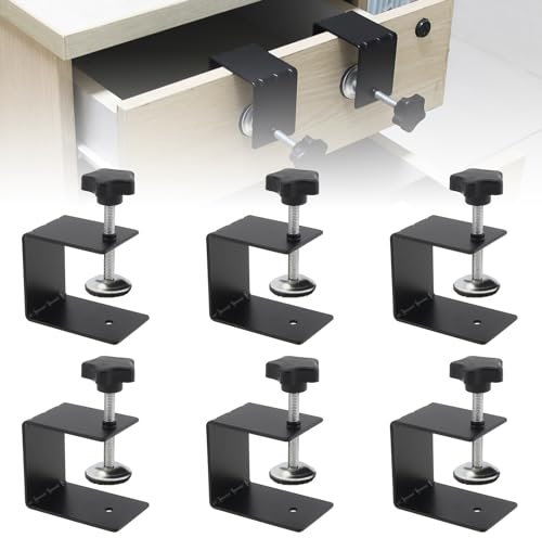 Omninmo Lot de 6 clips de fixation de tiroir, pince d'installation du panneau avant du tiroir, matériel d'armoire, pinces en C, guide de perçage de tiroir, pince en C pour tables de travail du bois