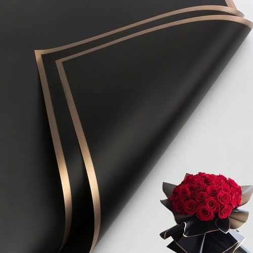 20 ark blombukett omslagspapper, vattentätt blommigt omslagspapper, blomsterbukett, dekorativ presentförpackning 57 x 57 cm (svart & Phnom Penh)