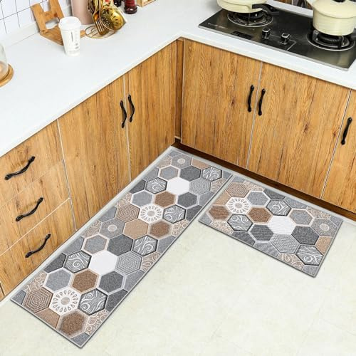 HSGLGNA Alfombra de Cocina, 2 Piezas, Antideslizante, Lavable, para Cocina, Pasillo, Sala de Estar, Dormitorio, baño (Estilo J, 43x75+43x150cm)