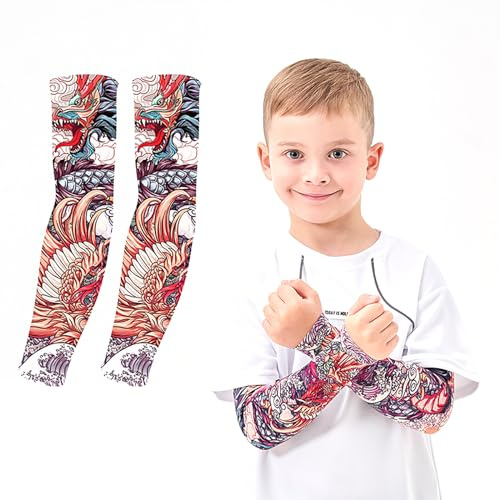 AHXN UV Sun Protection Arm Sleeves for Kids & Youth, UPF 50 Cooling,Basketball Shooting Tattoo Sleeves - Football, Baseball (Dragon and Phoenix)