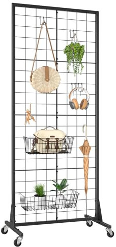 WELDUN Gridwall Display Rack With Wheels, Metal Photo Display with Hooks, Movable Floorstanding Gridwall Panels & Units Retail Panel