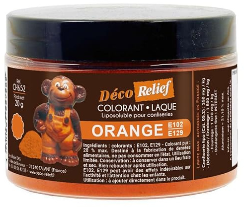 Déco Relief - Colorant Soluble Orange E102-E129 20 g - Colorant Professionnel pour Confiserie à base de Chocolat, Pâtisserie