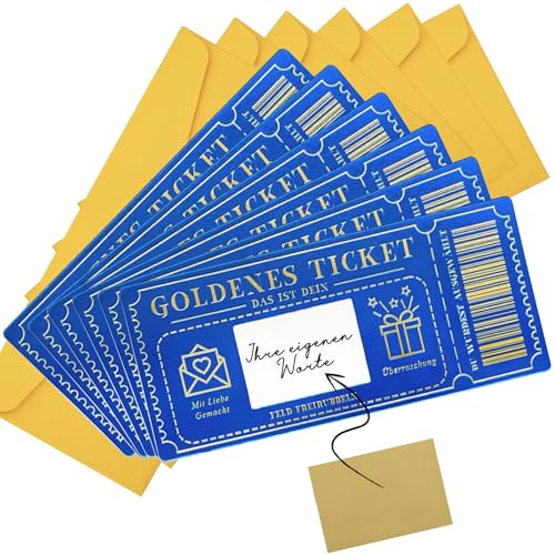 6 Stück Gutschein zum selber ausfüllen mit Rubbelaufkleber,Rubbelkarte zum beschriften mit Umschlägen,Goldene Ticket Rubbel-Geburtstagskarten,Geschenke für Frauen, Weihnachtsgeschenkkarten-Blau