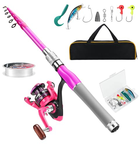 Castaroud Angelruten- und Rollen-Kombinationen für Damen, Kohlefaser, Teleskop-Angelruten-Set mit Spinnrolle, Angelschnur, Angelköder, Reisetasche für Damen, Mädchen, Anfänger, Salzwasser, Süßwasser