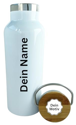 designfabrikmueller Personalisierte Premium 500ml Flasche aus Edelstahl mit zusätzlich personalisiertem Bambus-Deckel - mit Motiv und Name personalisierbar - Auslaufsicher und BPA-Frei (weiß)