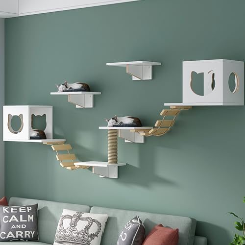RTTZBOZ Katzen Kletterwand Set, Kletterwand Katzen, 2 Katzenhäuser und Weiche Leiter, Katzenwandregale, Katzenwand, Katzen Wandelemente