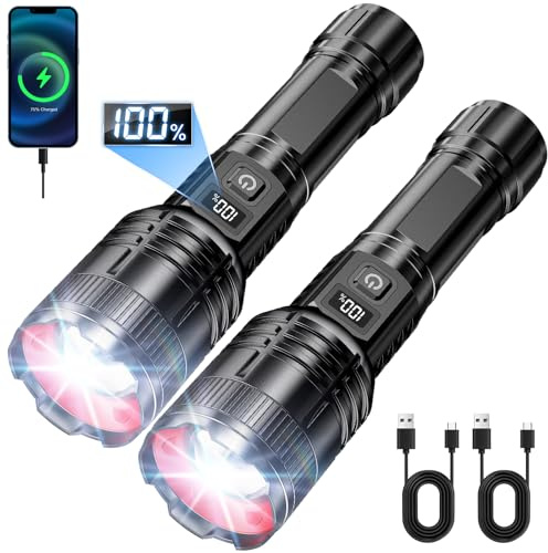 SWZA 500000 Lumens Torches LED Super Bright, USB Rechargeable Torches 2 Pack Zoomable, 5 Modes High Power Camping Torch Waterproof, Tactical Flashlight Hand Torch for Dog Walking Hiking Emergency