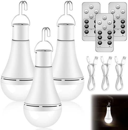 4 bombillas con batería: 12 W USB recargables con gancho, luz de emergencia ajustable con 3 modos de luz, bombilla LED con mando a distancia, bombilla LED para luz de emergencia interior/exterior