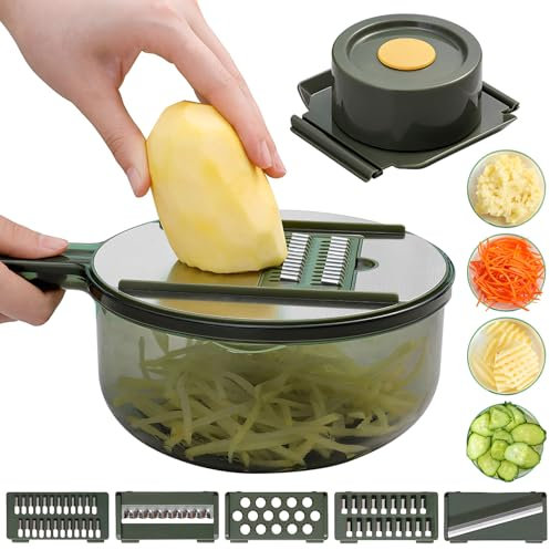 Mandolina multifunzione 9 in 1 affettatrice e grattugia; affettaverdure e tritatutto con contenitore (verde)
