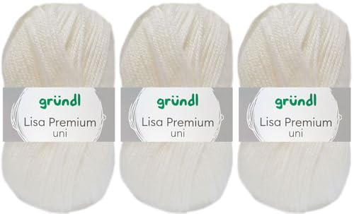 3x50 Gramm Gründl Lisa Premium Uni aus 100% Polyacryl inkl. Anleitung für Meerschwein (01 Weiss)