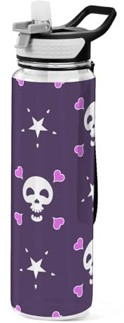 Mnsruu Transparente Sport-Wasserflasche mit Strohhalm, auslaufsichere Trinkflasche, Gothic-Totenkopf-Herz, violett, Fahrradflaschen für Sport, Büro, Schule, BPA-freier Tritan-Kunststoff, 1 Liter