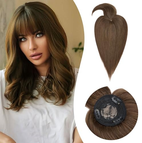 Rich Choices Haar Topper Damen Echthaar mit Pony Haarteil Toupet Mittelbraun Haarteil Echthaar Clip in Echthaar Topper Kurzes Haar Nahtlose Echte Haare Extensions Remy Hair Topper (25cm Mittelbraun)