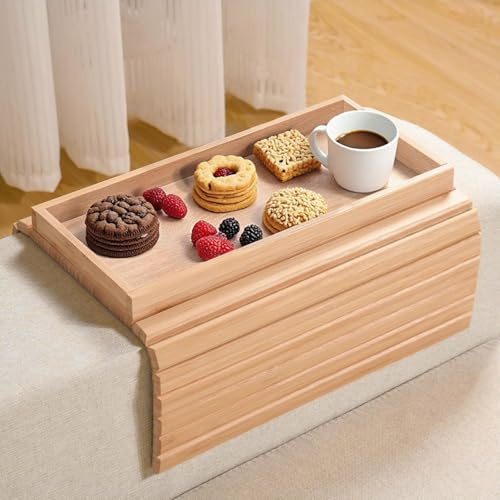Lighterday Sofa-Armtablett, faltbarer Bambus-Tisch, Couch, Sessel-Tablett, rutschfest, für Sofa, Beistelltisch, Sessel, Tablett für Snacks, Telefon, Getränke, Tasse