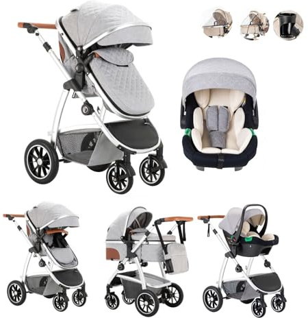 Kakbgee 3 in 1 Passeggino Combinato, Passeggino per Bambini con ECE R129 Seggiolino Auto, Telaio in Alluminio ad alto Campo visivo Carrozzina (22KG, 0-4 Anni)