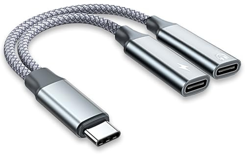 BIVOFU 2 en 1 Adaptateur Double USB C, Adaptateur Audio Jack et Double USB C, Charge et Écoute Simultanée, Compatible iPhone 15/16 Pro Galaxy S22/S21/S20 Pixel et Autres(Gris)