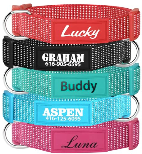 Hundehalsband mit aufgedrucktem Namen und Nummer, verstellbar, reflektierend, mit Schnalle für kleine, mittelgroße und große Hunde, 5 Farben und 5 Schriftarten für männliche, weibliche Jungen, Mädchen