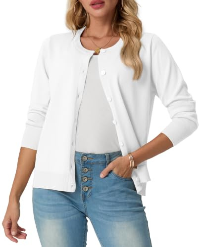 GRECERELLE Stickad kofta dam sommar lätt långärmad cardigan tunn elegant rund hals stickjacka casual stickväst klassisk stickmantel med knappar, Vit, M