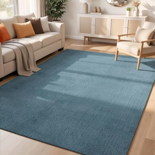 Rugs by Desire Comfy Washable Modern Living Room Rug Polyester Plain Indoor Area Rug with Low Pile - Anti-Slip Felt Backing SuperSoft Carpet Bedroom-Hallway, Blue, 120x160 cm