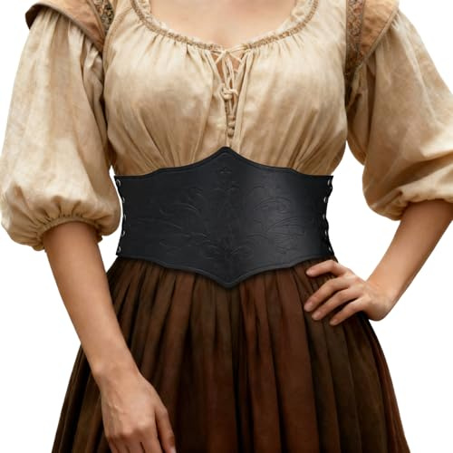 HiiFeuer Cintura a corsetto in ecopelle in stile medievale, Corsetto rinascimentale sotto il seno cinchere regolabile a vita larga per le fiere rinascimentali(Nero B)