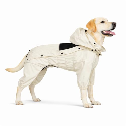 LOVELONGLONG Waterproof Dog Raincoat with Removable Hood – Outdoor Full Body Dog Jacket, Windproof Snowproof Shell Suit – All Season Pet Rain Gear Ivory XL