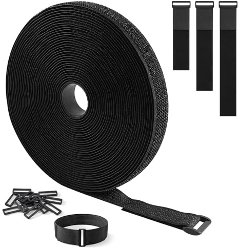 2cm * 10m Adjustable Cable Straps with 60 Buckles, Cut-to-Length Hook and Loop Strips, Black Reusable Fastening Cable Ties for Cable Tidy, Wire Management, Cord Organiser (Black)