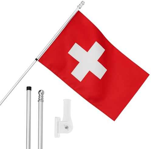 I LOVE FANCY DRESS Bandera de Suiza, mástil y soporte de pared, bandera suiza de 5 x 3 pies con ojales, poste extensible y soporte, decoración para interiores y exteriores