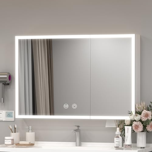 Dradaomull Spegelskåp med belysning, 100 x 60 cm, badrumsspegelskåp, förvaringsutrymme, dimbara LED-lampor, justerbar ljusstyrka, demist-funktion, badrumsmöbler, väggspegel