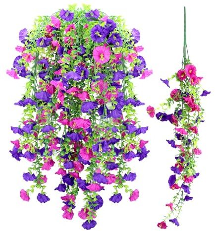 ZHIYUQL 4 Stück Kunstblumen Wie Echt 80cm Hängepflanze Künstlich Petunien Pflanzen Künstliche Blumen Hängepflanzen Hängeblumen für Outdoor AußEn Balkon Garden Yard Dekor, Lila und Rose