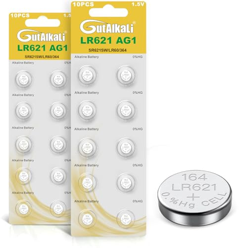 GutAlkaLi 20 Stück AG1, LR621, LR60, 364 SR621SW 1,5V Alkaline Knopfzellen Batterien