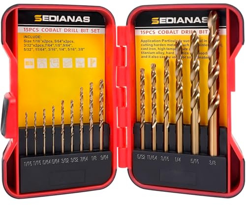 Cobalt Drill Bit Set - 15Pcs M35 HSS Twist Drill Bits, Straight Shank, Metal Drills bit Set for Hardened Metal, Stainless Steel, Cast Iron, Wood and Plastic with Index Storage Case, 1/16-3/8