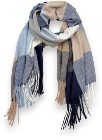 Damen Schal XXL Winterschal kariert Karo Halstuch Poncho kuschelig übergroßer Oversized Herbst Winter warm Plaid Elegant 178x70cm (Blau-Beige)