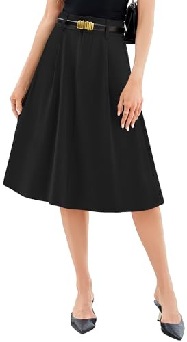 Casly Lamiit Womens Skirts Summer Work Skirt A-Line Midi Skirts High Waisted Skirts Pleated Black S