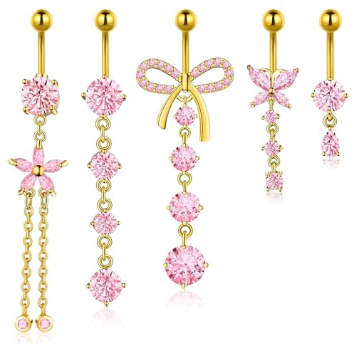 Dermalyx Piercing Ombelico Placcato Oro con Ciondolo a Cuore, Fiocco, Fiore, Farfalla & Goccia, Gioiello per Piercing all'Ombelico in Acciaio Chirurgico, Pietre CZ, Dangl